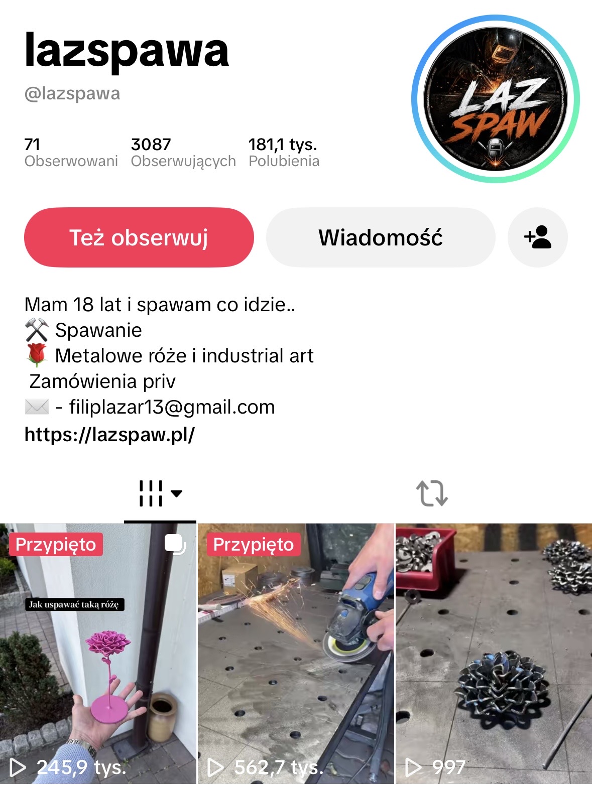 Profil TikTok @lazspawa, filmiki z pracowni: spawanie, szlifowanie, malowanie róż